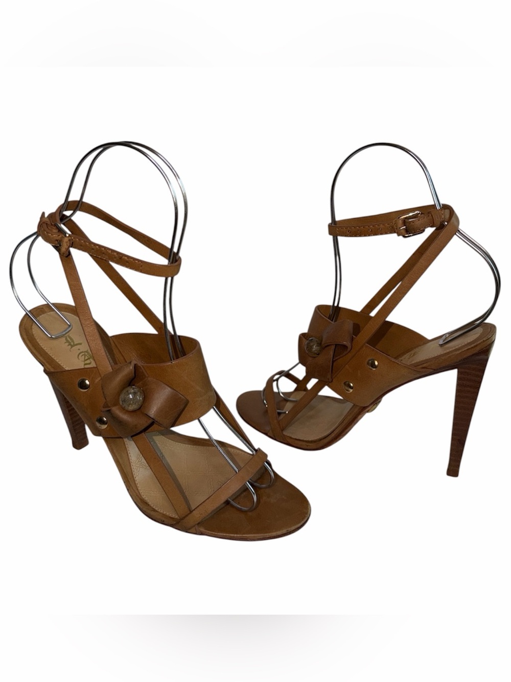 L.A.M.B Gwen Stefani Brown Leather Strappy High Wooden Stacked Heel Sandals 7.5